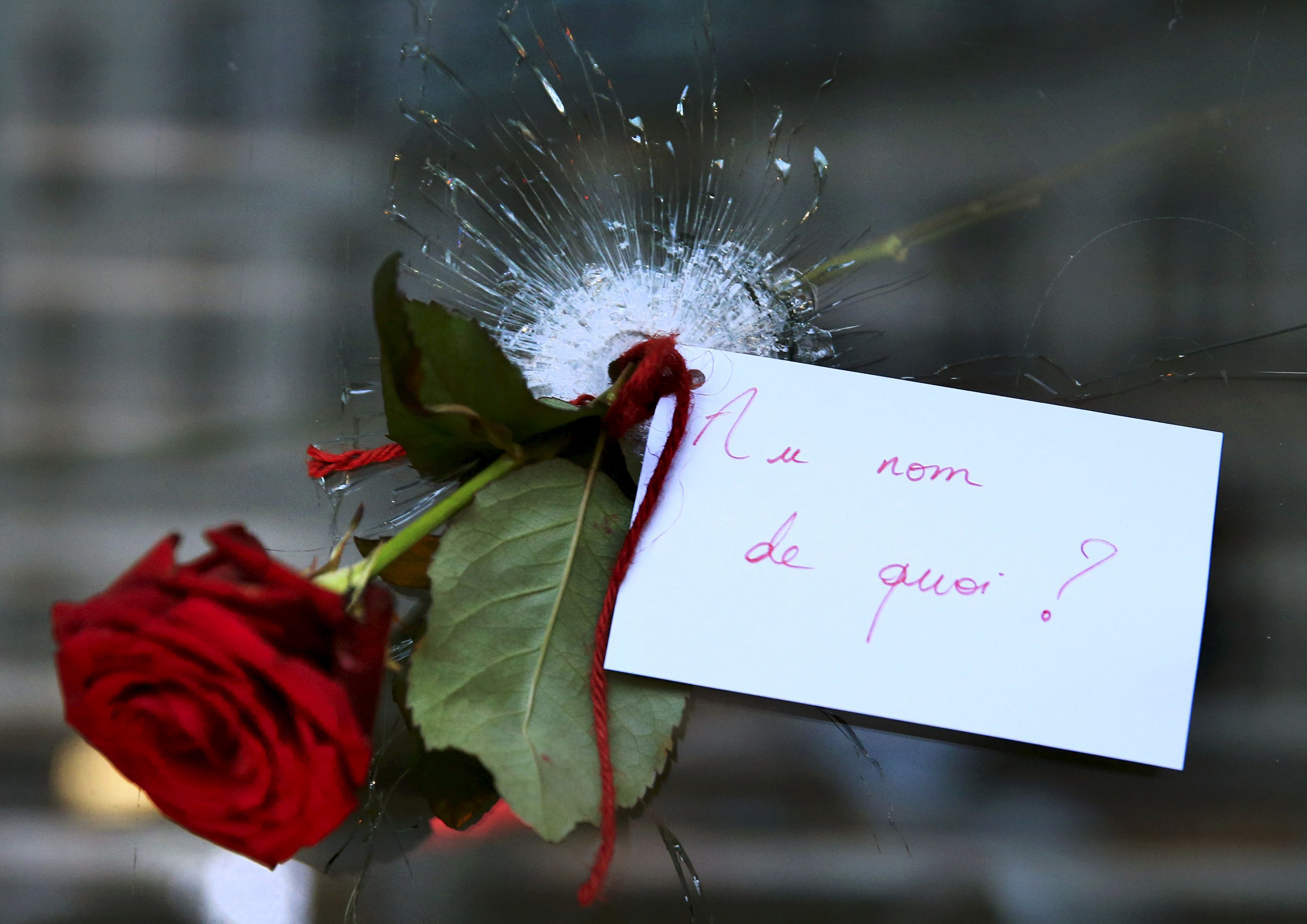 Setangkai mawar diletakkan di lubang bekas peluru di jendela restauran sehari setelah serangkaian serangan mematikan di Paris, Sabtu (14/11). Kalimat pada kartu adalah "Atas nama Apa?". ANTARA FOTO/REUTERS/Pascal Rossignol.