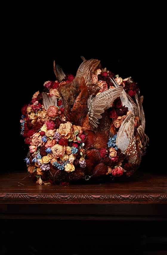 Flora & Fauna Editions (2015). Price: £1440 (unframed) £1920 (framed). Materials: Fine Art Archival Pigment Print on Hahnemuhle stock: Mixed flowers, copper wire, ethically sourced pheasants.